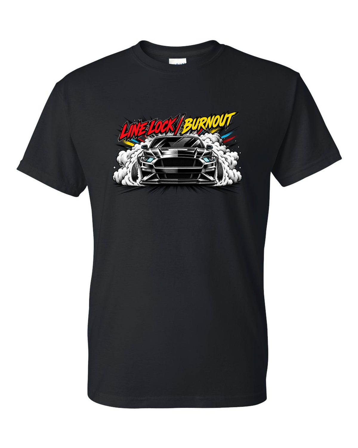 Varsity embroidery-style crest of an S550 Mustang fastback reading Yes, It's A Four black t-shirt front view with the design