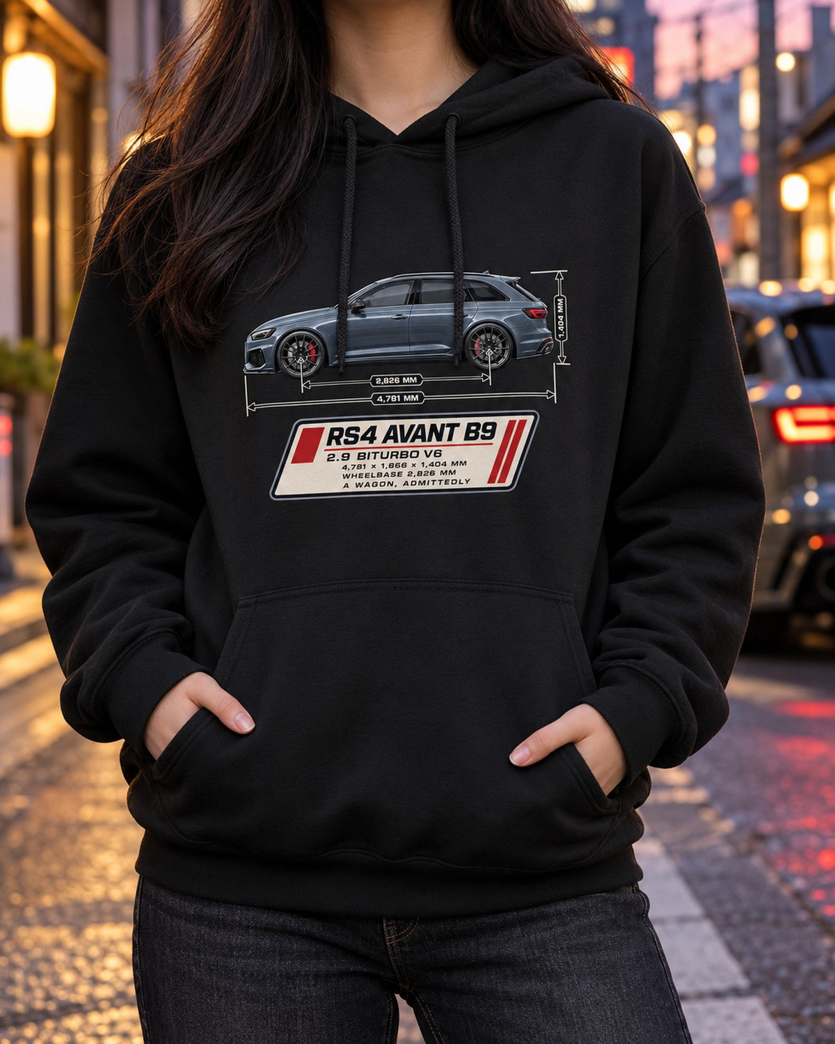 Audi RS4 Avant B9 Dimension Blueprint Shirt, Twin-Turbo V6 Pull Over Hoodie Black worn hero