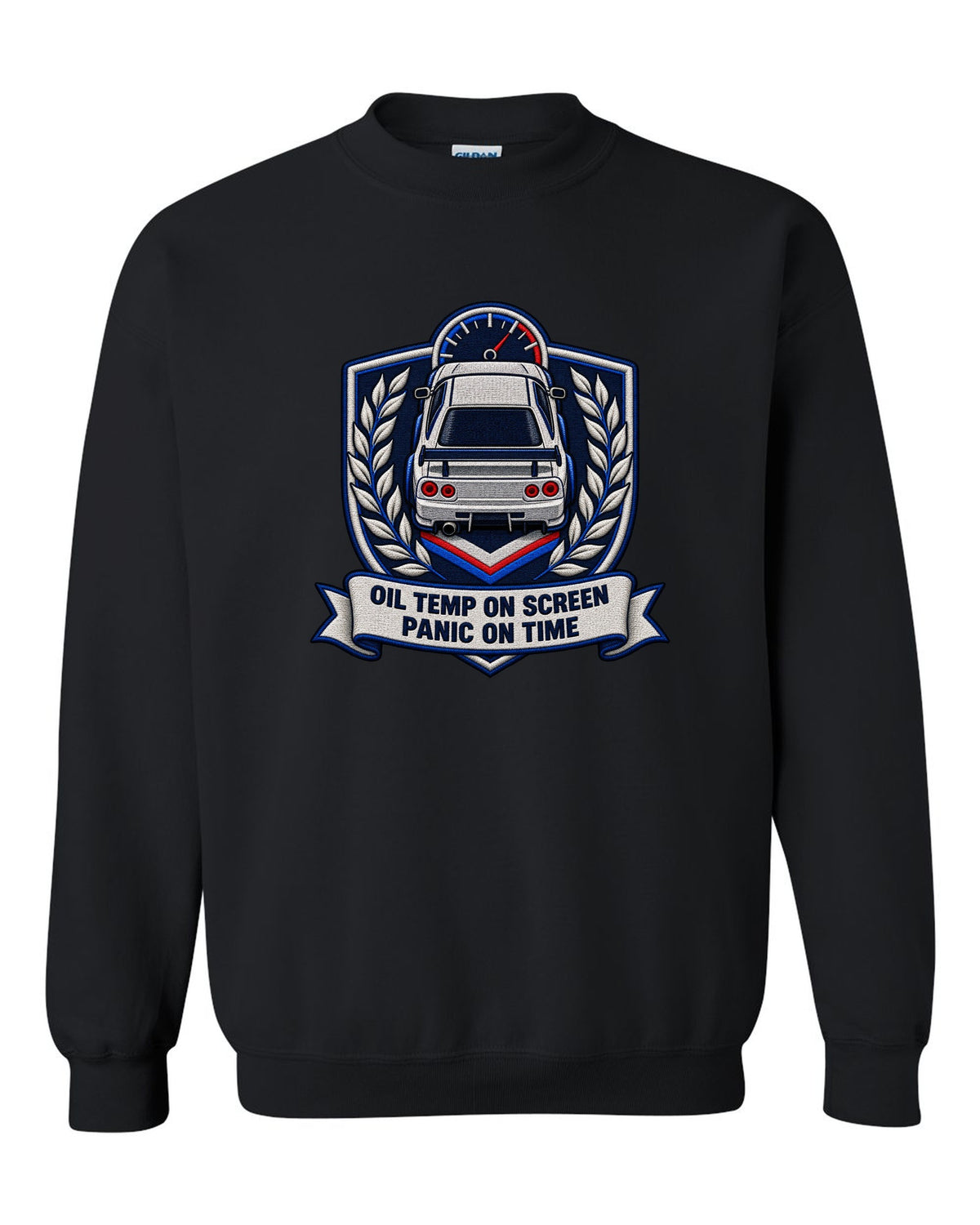 Embroidery-style shield crest print for the Nissan Skyline GT-R BNR34 with oil temp lettering black crewneck front view with the design