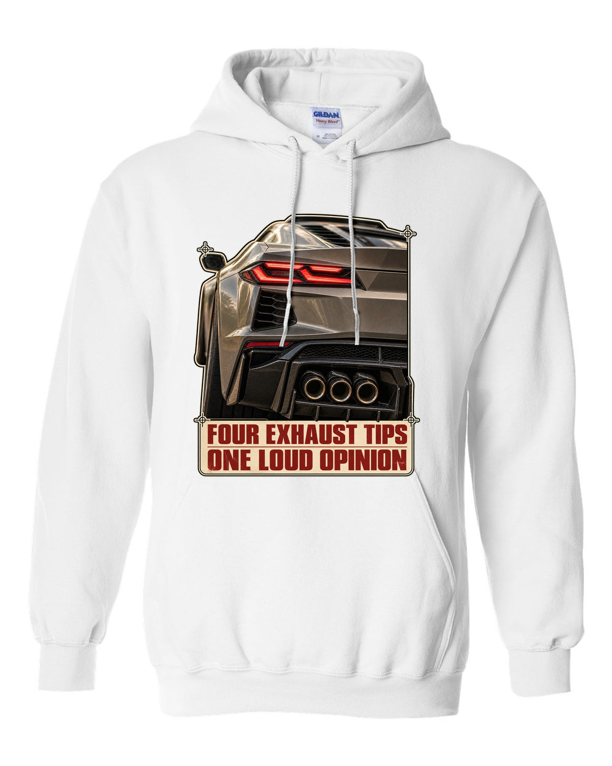 Taillight macro print of a Chevrolet Corvette C8 Z06 with four exhaust tips white pull over hoodie front view with the design