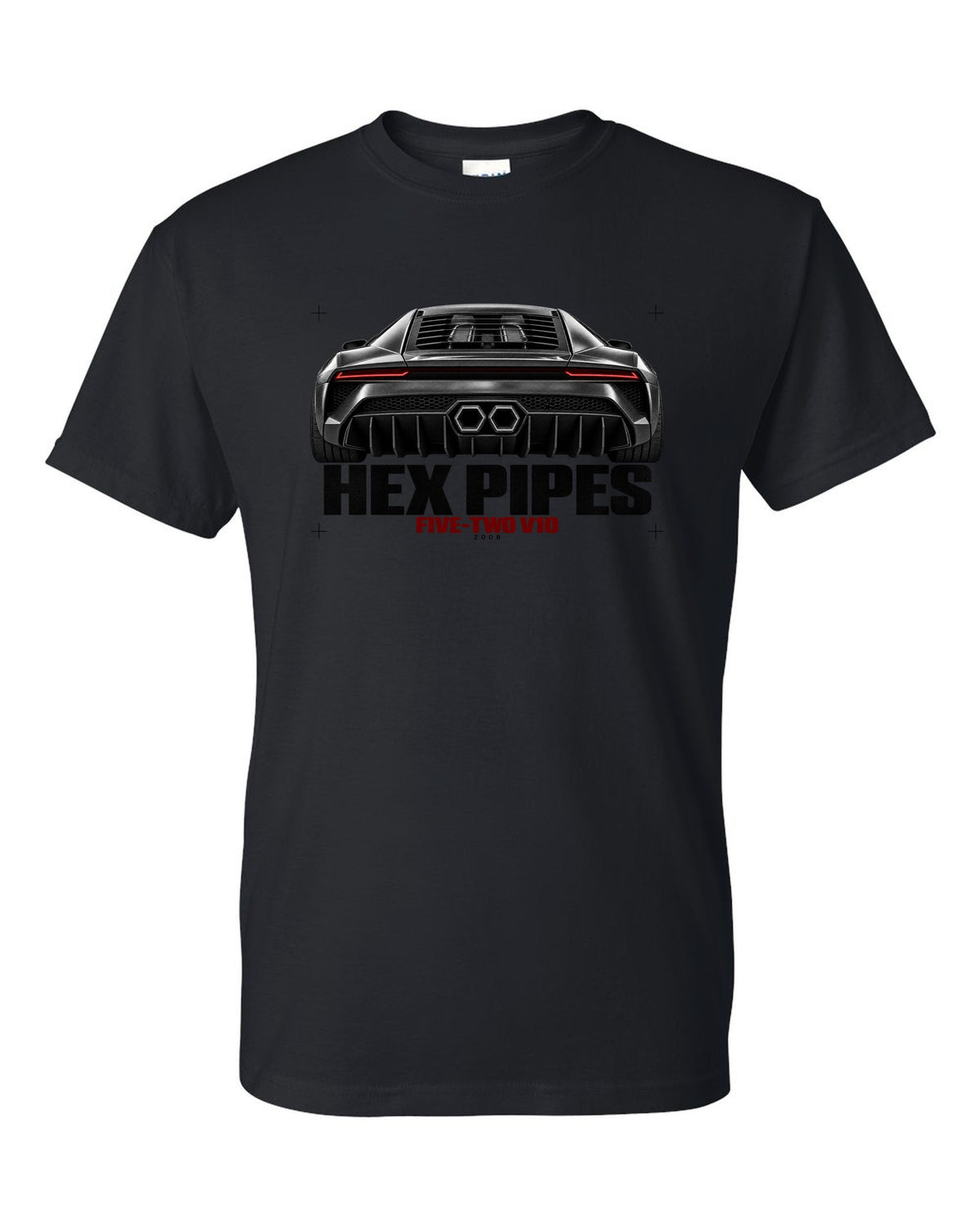 Exhaust macro print of a Lamborghini Gallardo LP560-4 with Hex Pipes and Five-Two V10 text black t-shirt front view with the design