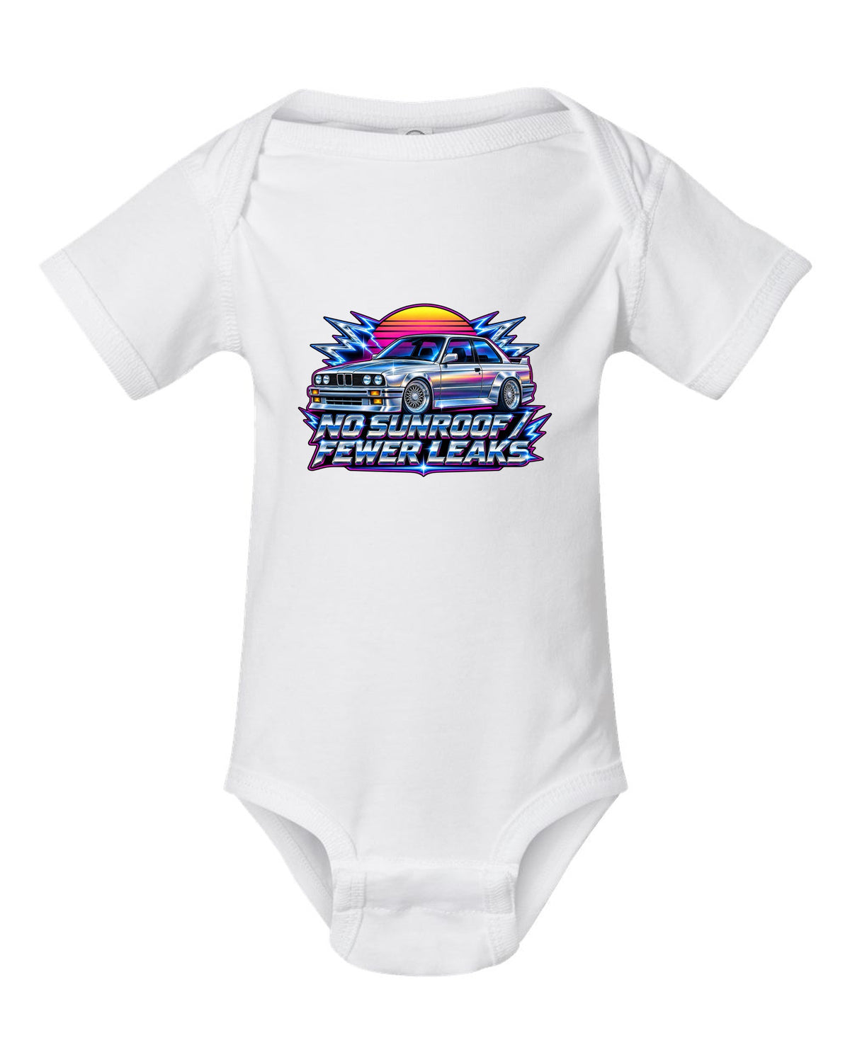 80s chrome airbrush print of a BMW E30 M3 with no sunroof fewer leaks text white baby onesie front view with the design