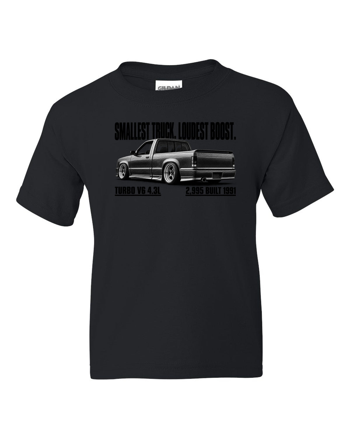 1991 GMC Syclone halftone profile with boost headline, print black kids tee front view with the design