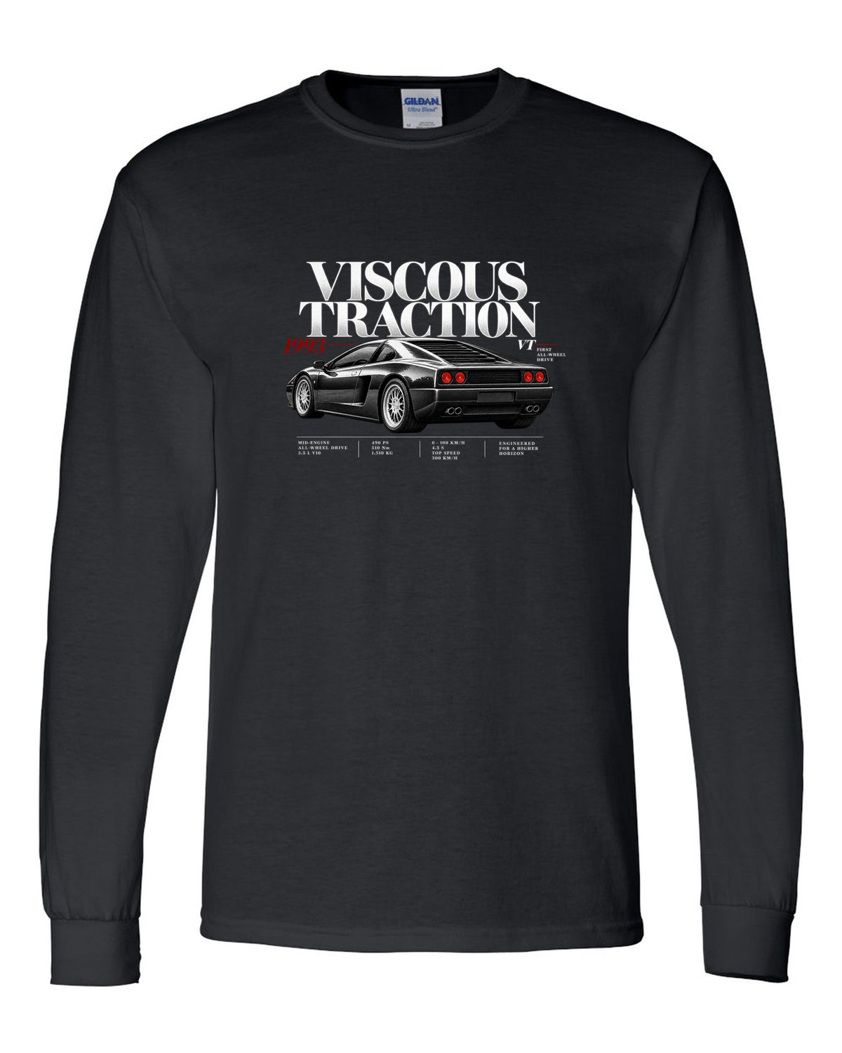 Editorial print of a Lamborghini Diablo VT with viscous traction and first all-wheel drive text black long sleeve front view with the design