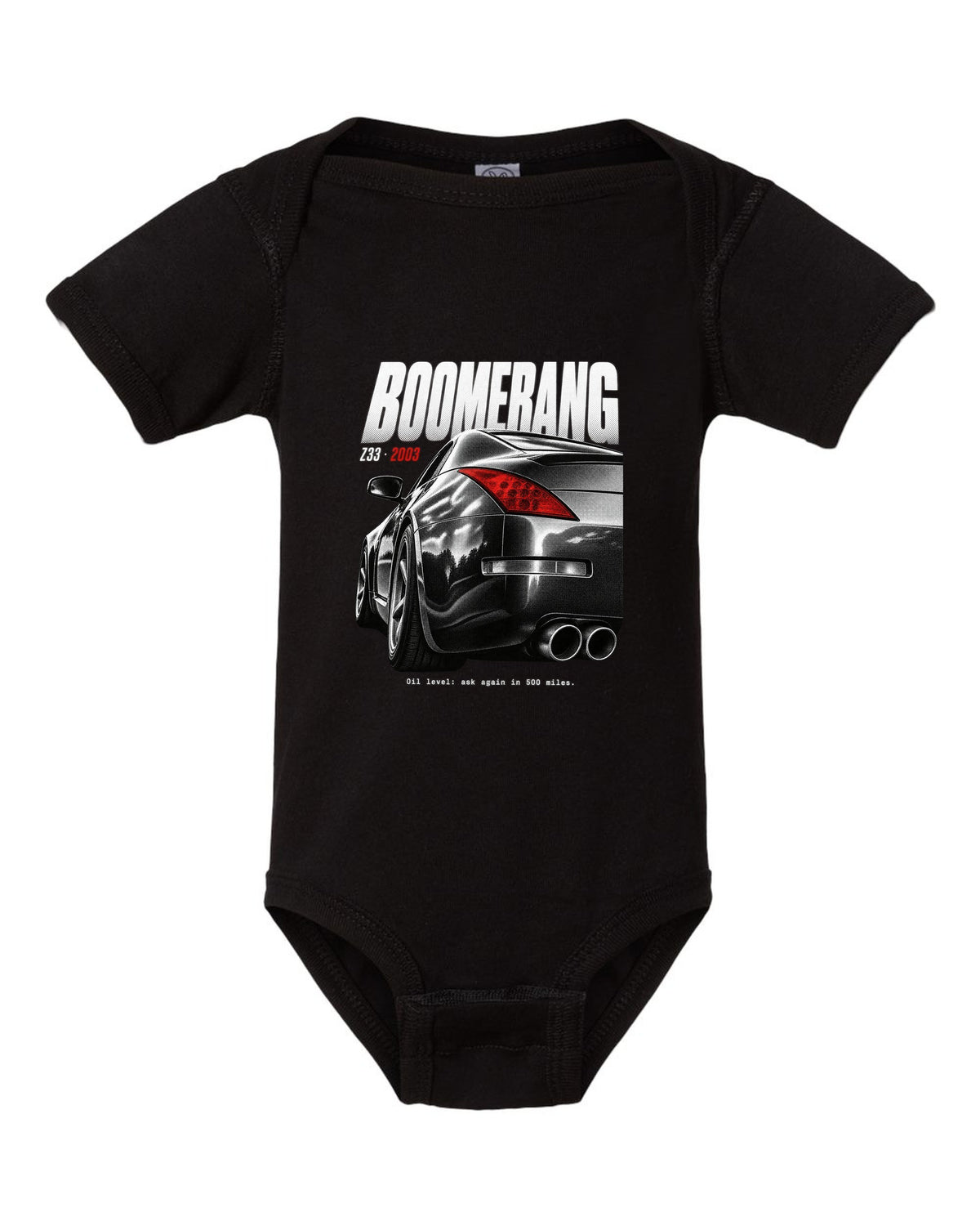 print of Nissan 350Z Z33 boomerang tail lights with an oil level joke caption black baby onesie front view with the design