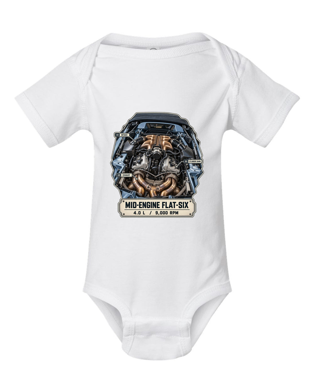 Engine hero print of a Porsche 718 Spyder RS 982 showing the mid-engine 4.0 L flat-six white baby onesie front view with the design