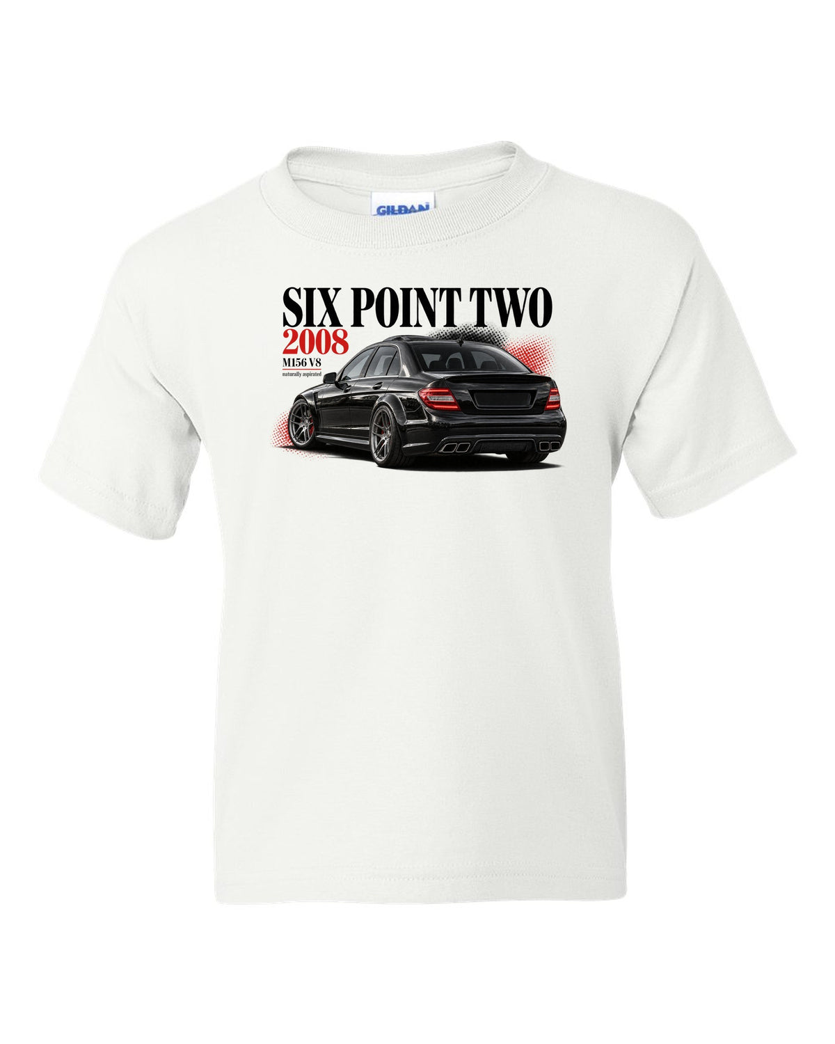 print editorial headline of a 2008 Mercedes C63 AMG W204 sedan with text Six Point Two 2008 white kids tee front view with the design