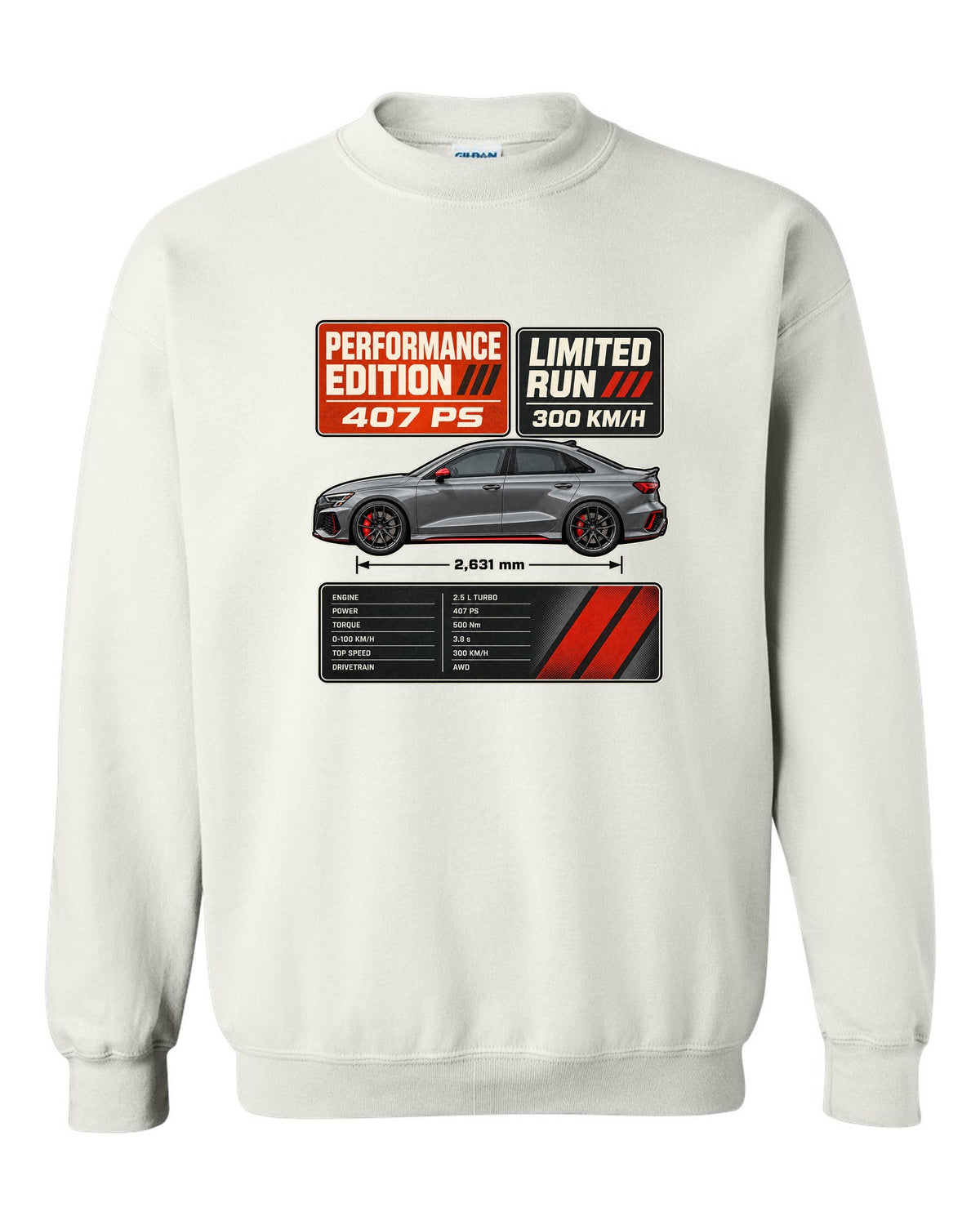 Grey and orange spec poster for the Audi RS3 8Y Performance Edition white crewneck front view with the design
