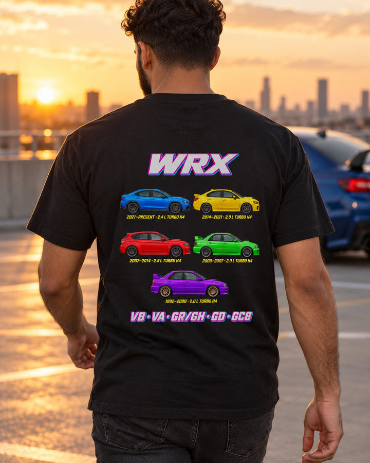 Subaru WRX Evolution Poster Full-Back Graphic Tee T-Shirt Black worn hero