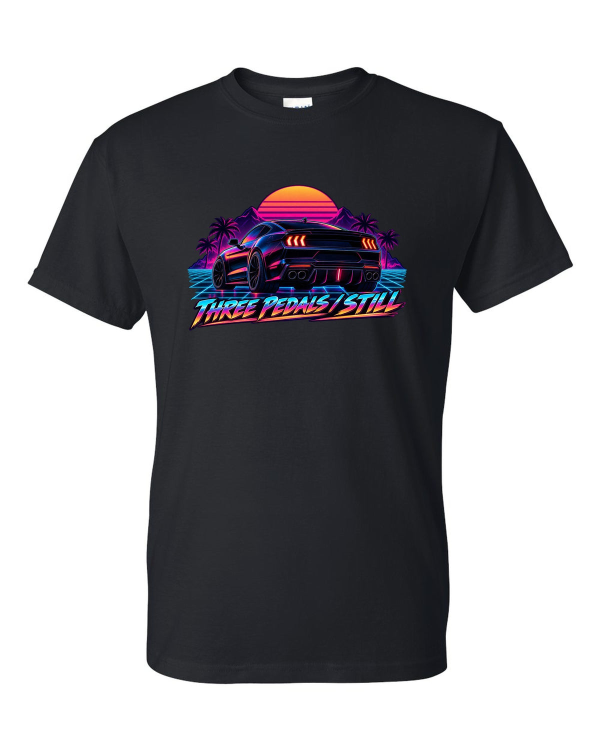 Synthwave outrun 2024 S650 Ford Mustang coupe with Three pedals still text black t-shirt front view with the design