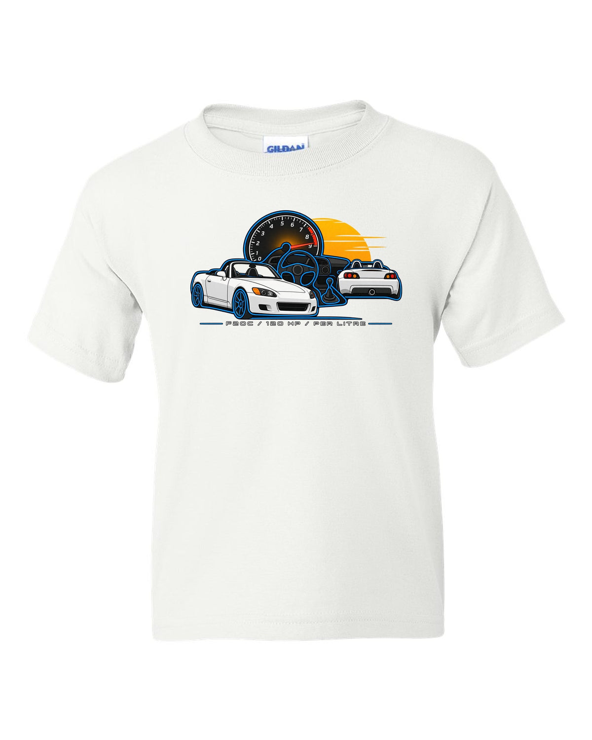 Minimal single-line contour print of a 1999 Honda S2000 AP1 with F20C 120 HP Per Litre lettering white kids tee front view with the design