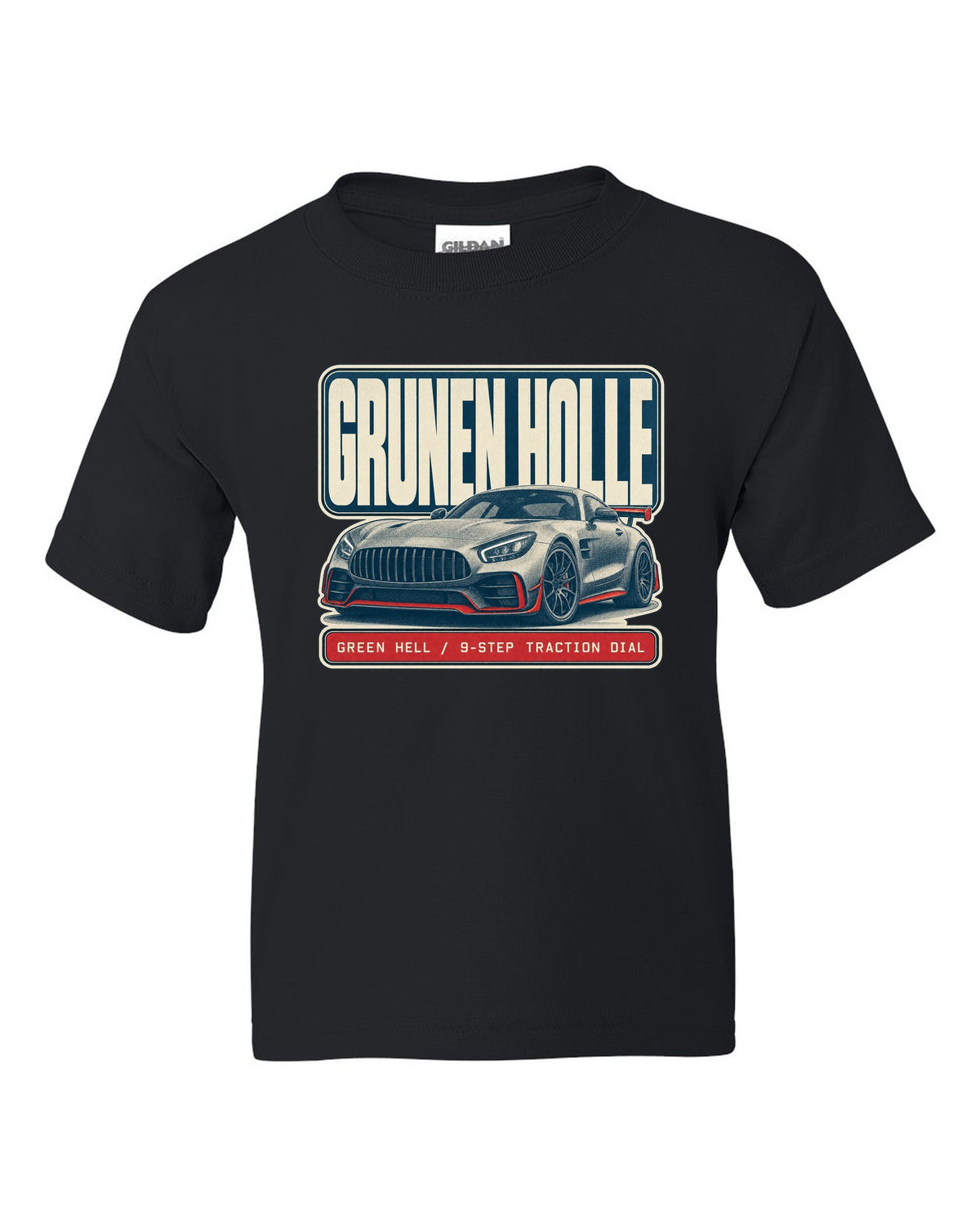 Mercedes-AMG GT R C190 halftone Green Hell print black kids tee front view with the design