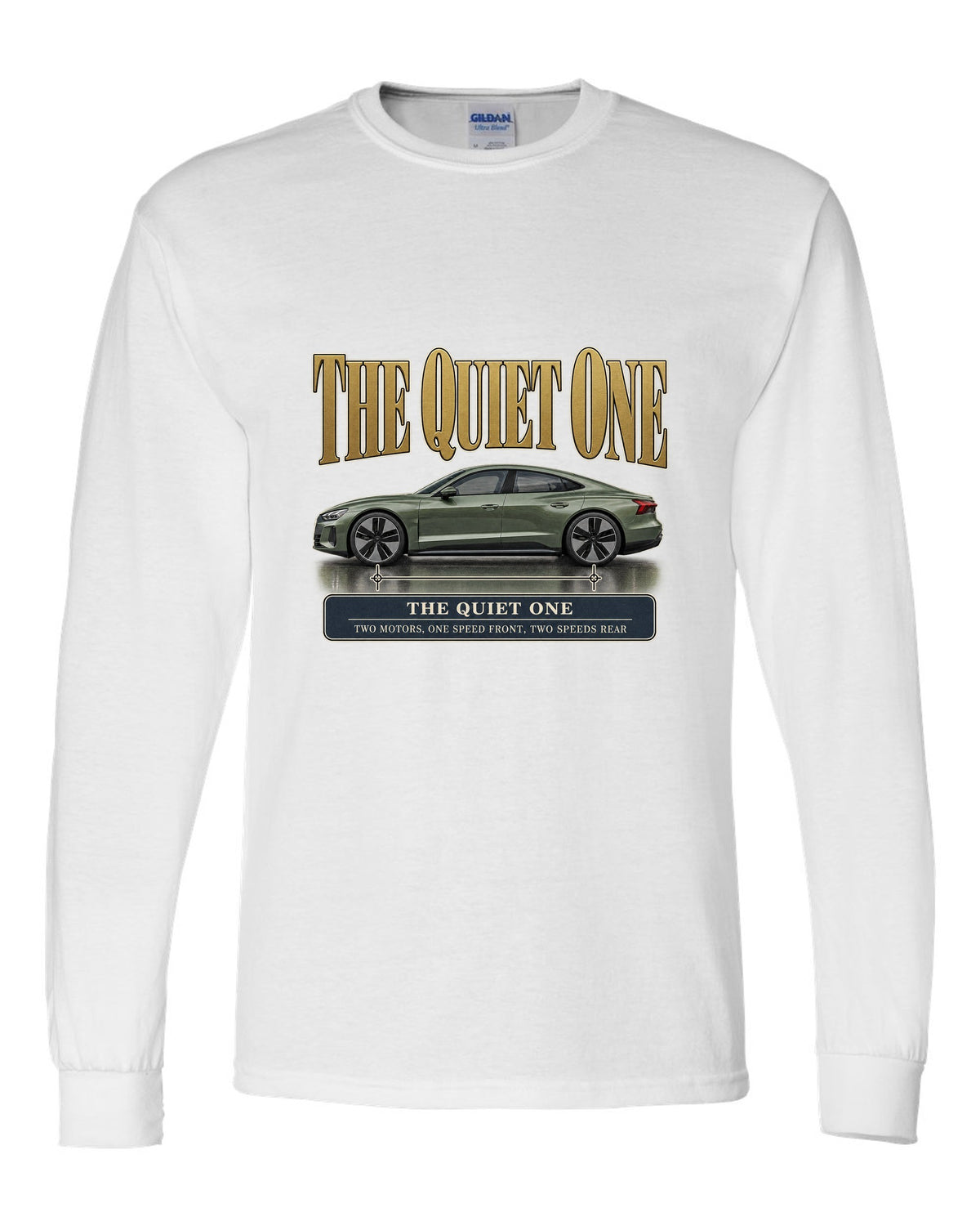 Audi e-tron GT quattro profile editorial headline print design white long sleeve front view with the design