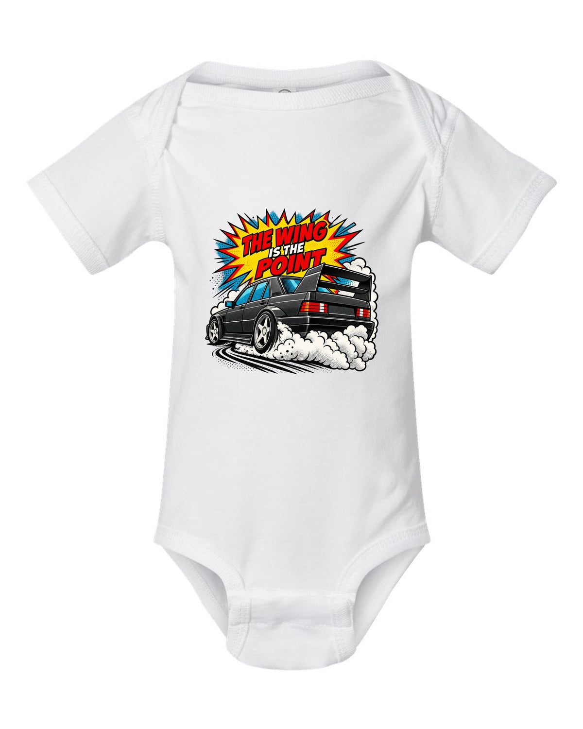 Comic halftone pop-art print of a Mercedes 190E Evo II W201 with rear wing white baby onesie front view with the design