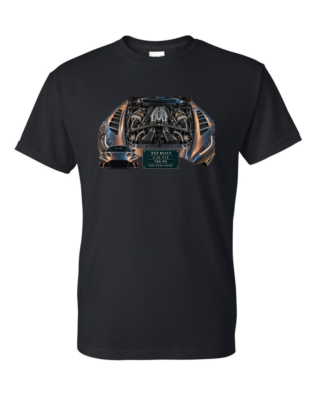 Aston Martin V12 Vantage 2022 engine hero print with 333 built 5.2L V12 700 PS text black t-shirt front view with the design