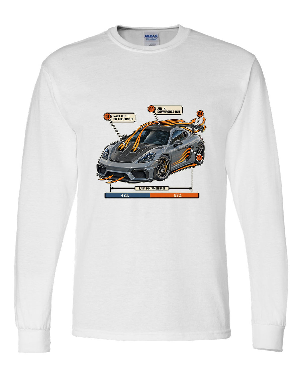 Airflow callout print of a Porsche 718 Cayman GT4 RS Weissach package white long sleeve front view with the design
