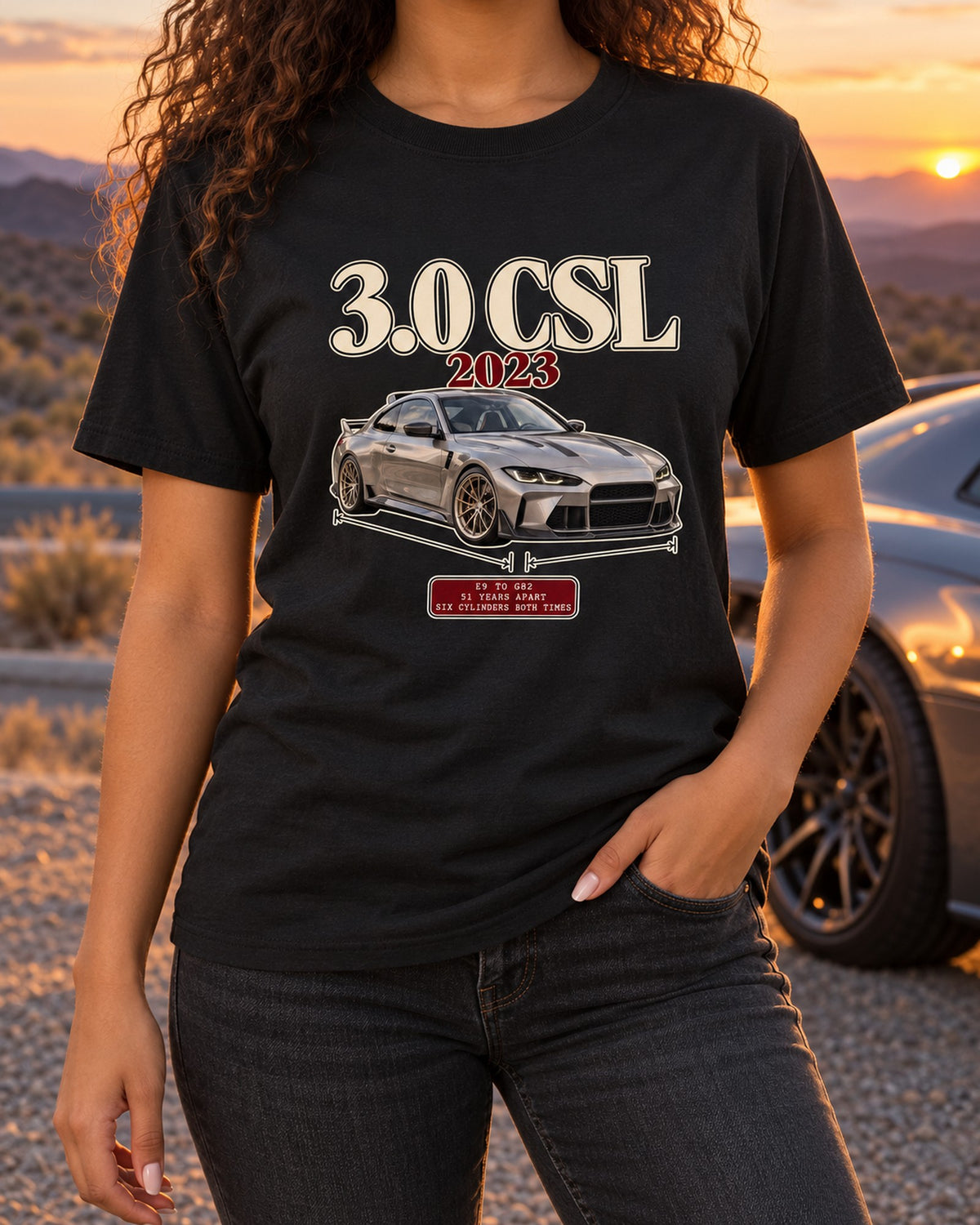 BMW 3.0 CSL E9 to G82 Archive Panel Shirt T-Shirt Black worn hero
