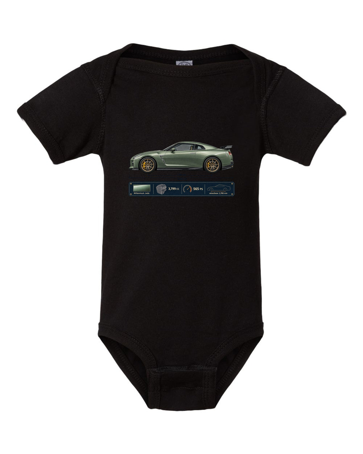 Nissan GT-R R35 T-spec Millennium Jade blueprint print black baby onesie front view with the design