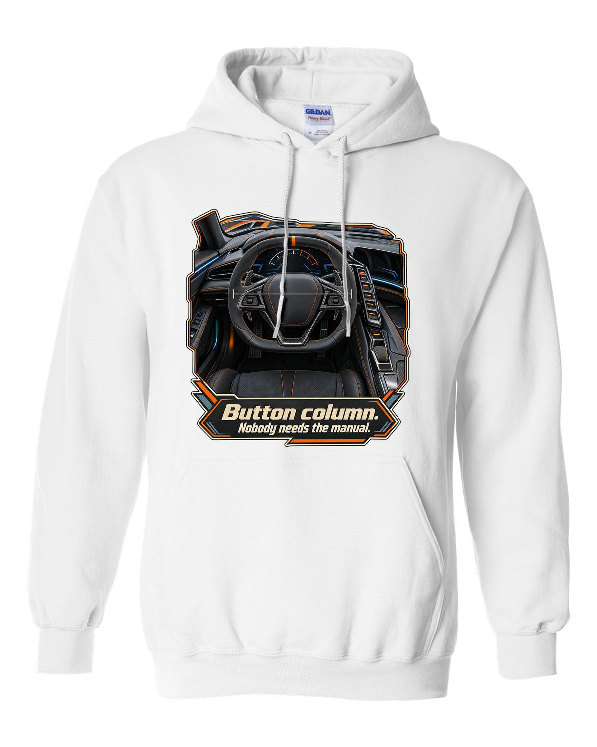 print of a Chevrolet Corvette C8 ZR1 cockpit with gauges and button column text white pull over hoodie front view with the design