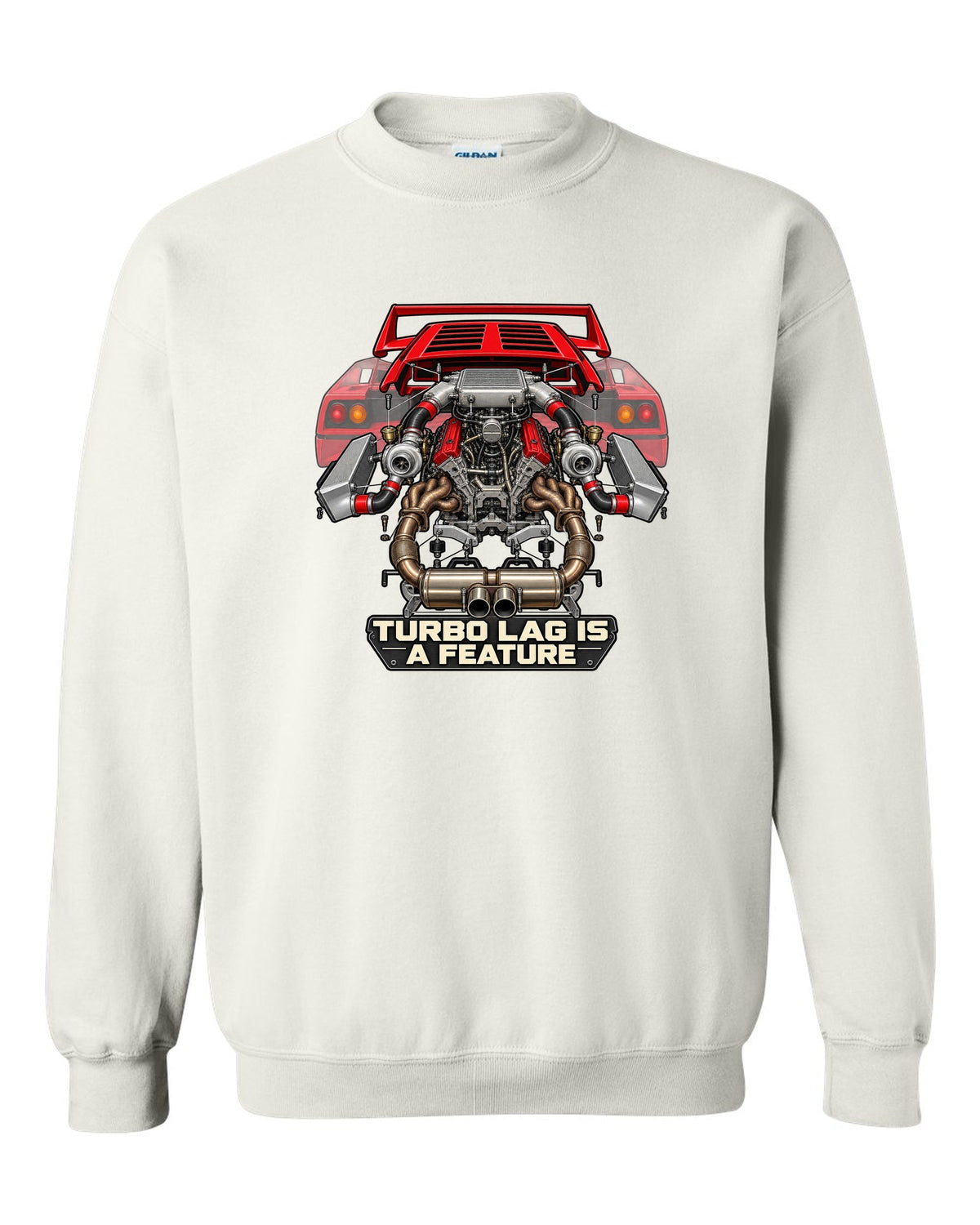Exploded engine cutaway print of a Ferrari F40 F120 with turbo lag is a feature text white crewneck front view with the design