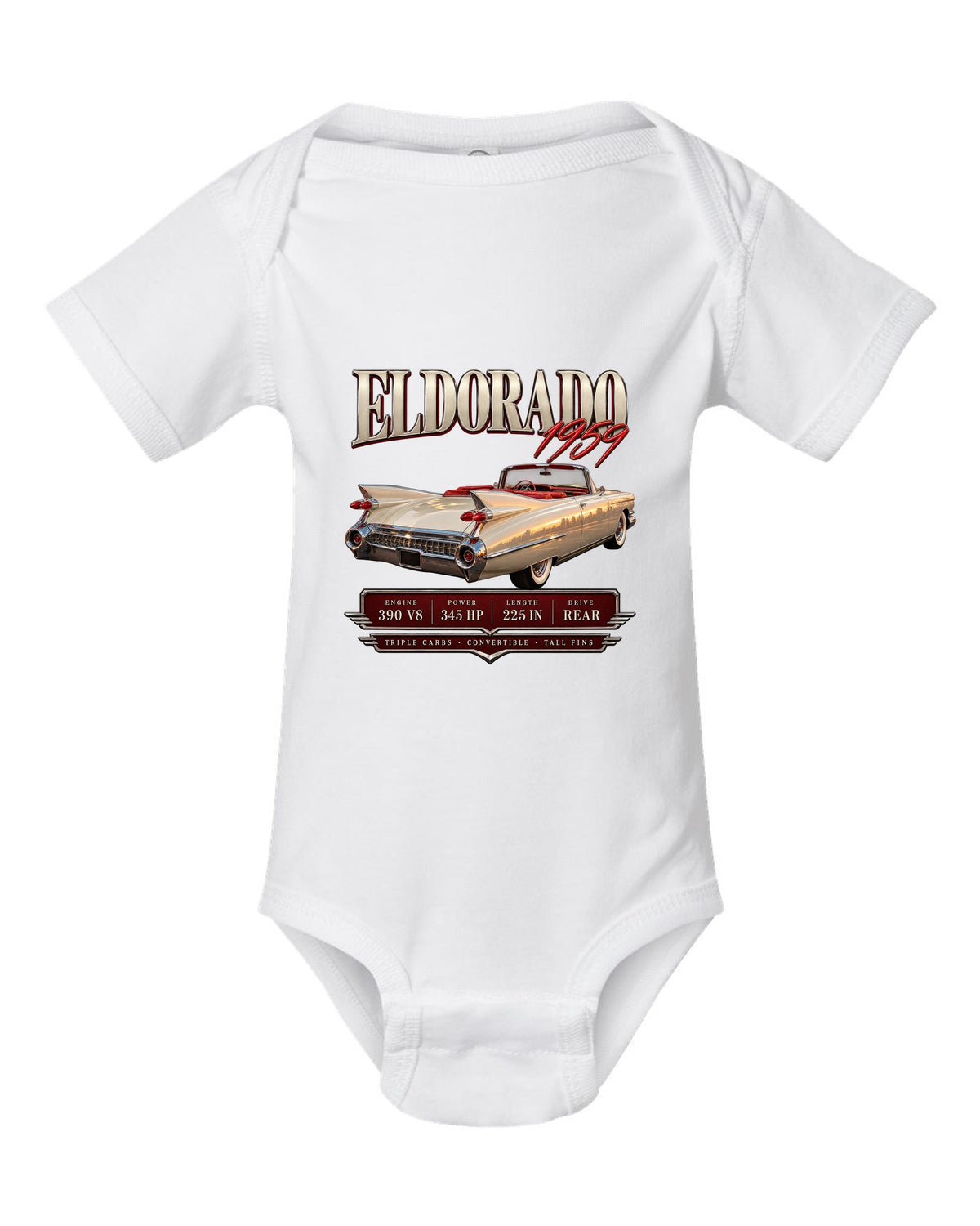 print archive panel of a 1959 Cadillac Eldorado Biarritz convertible with 390 V8 lettering white baby onesie front view with the design