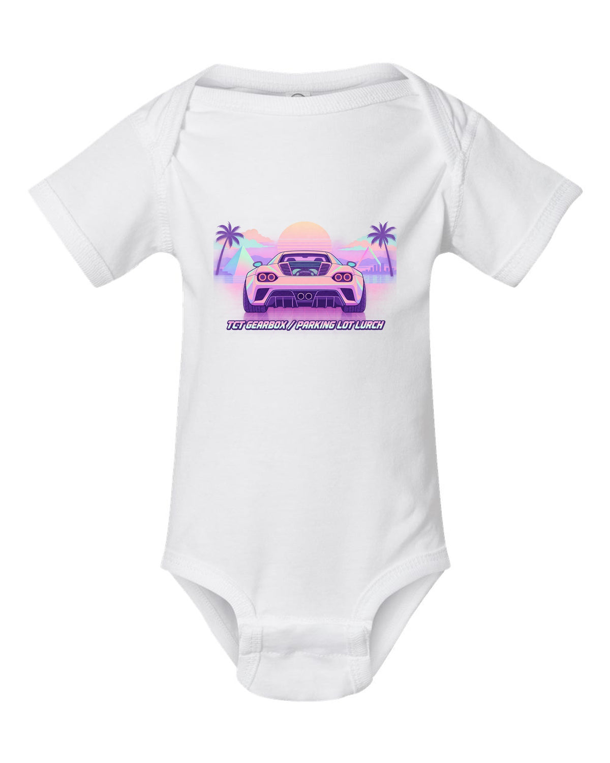 Vaporwave pastel illustration of an Alfa Romeo 4C with TCT gearbox parking lot lurch text white baby onesie front view with the design