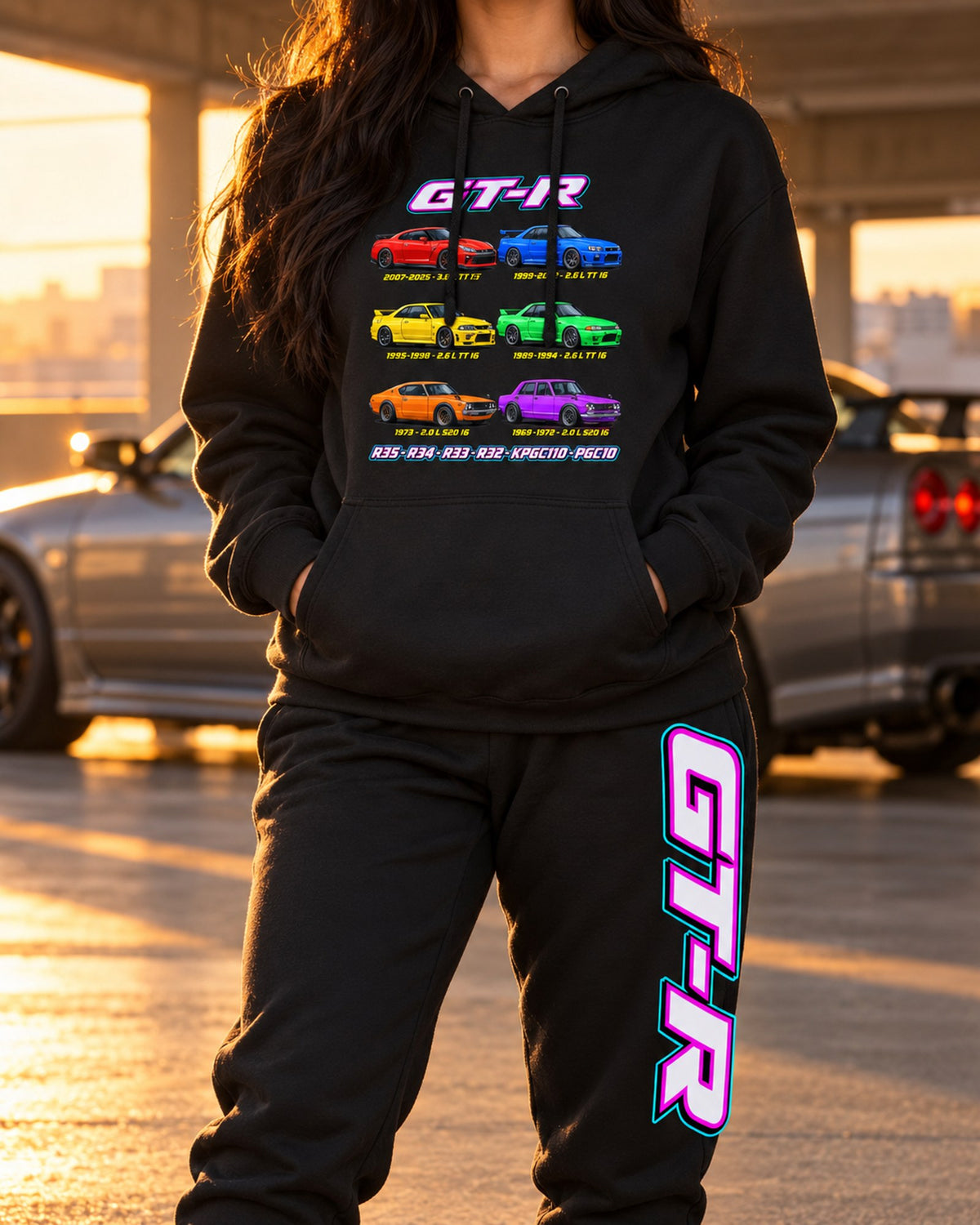 Nissan Skyline GTR Evolution Hoodie + Jogger Set Black worn hero
