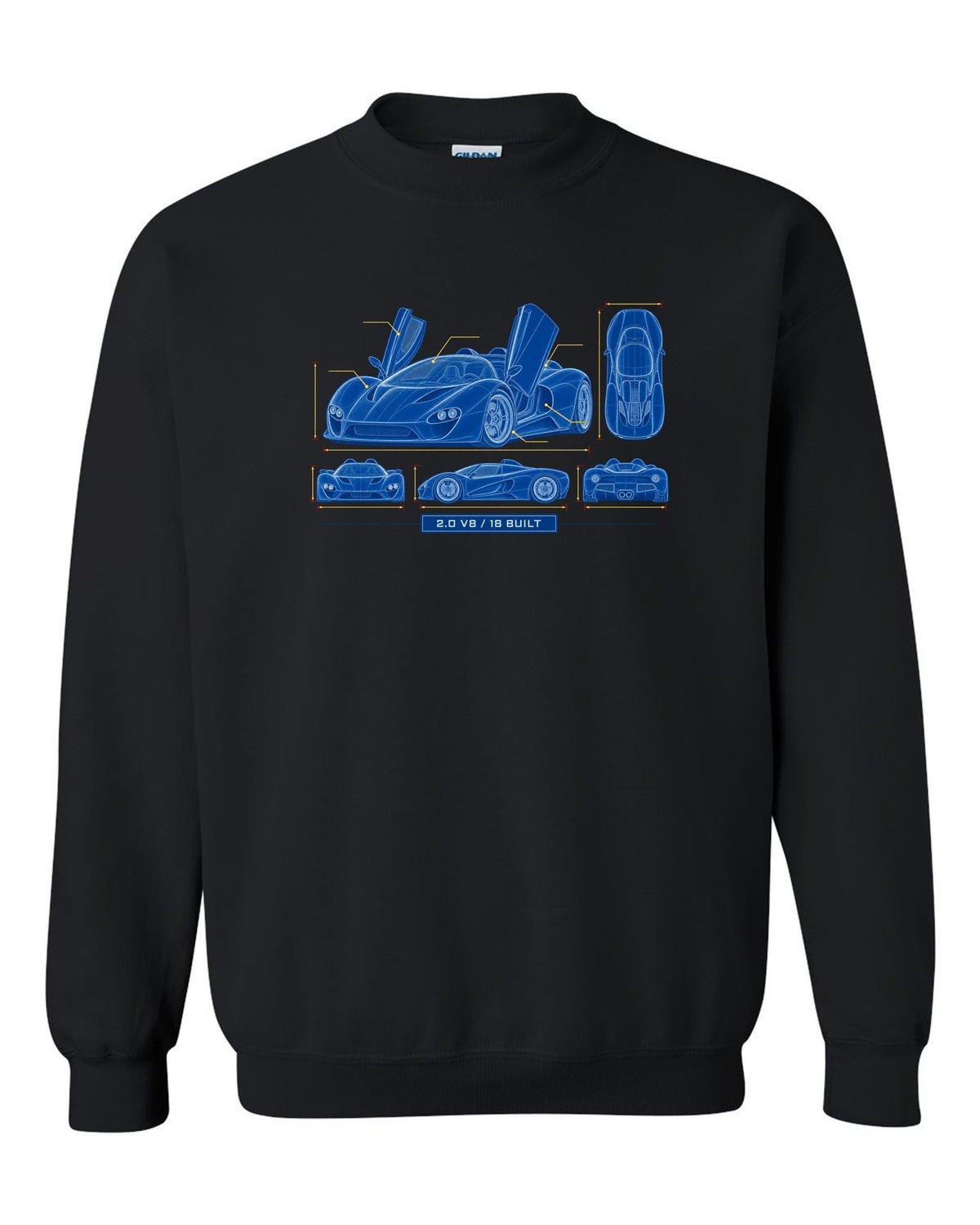 Cyanotype negative blueprint of an Alfa Romeo 33 Stradale with 2.0 V8 and 18 built black crewneck front view with the design