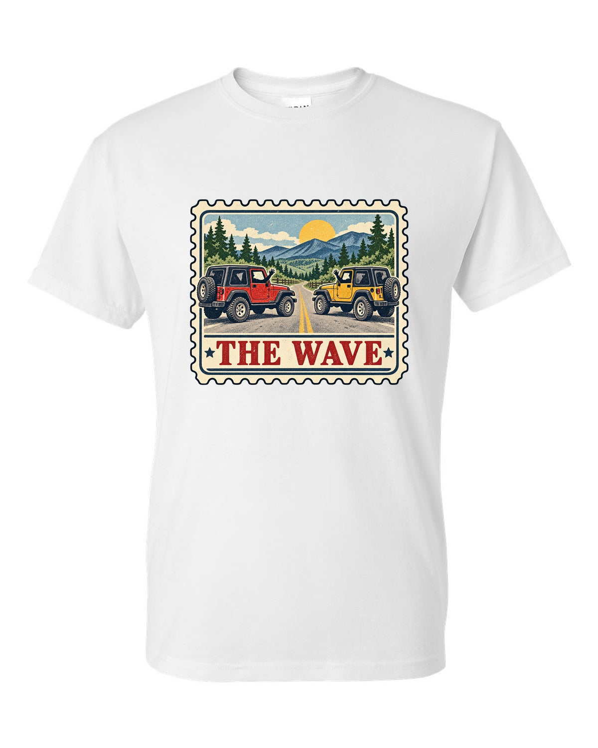 Vintage postage stamp print of a Jeep Wrangler TJ with the words The Wave white t-shirt front view with the design