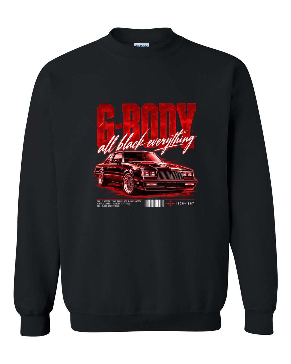 print street poster of an all black Buick Regal G-body coupe 1984-87 black crewneck front view with the design