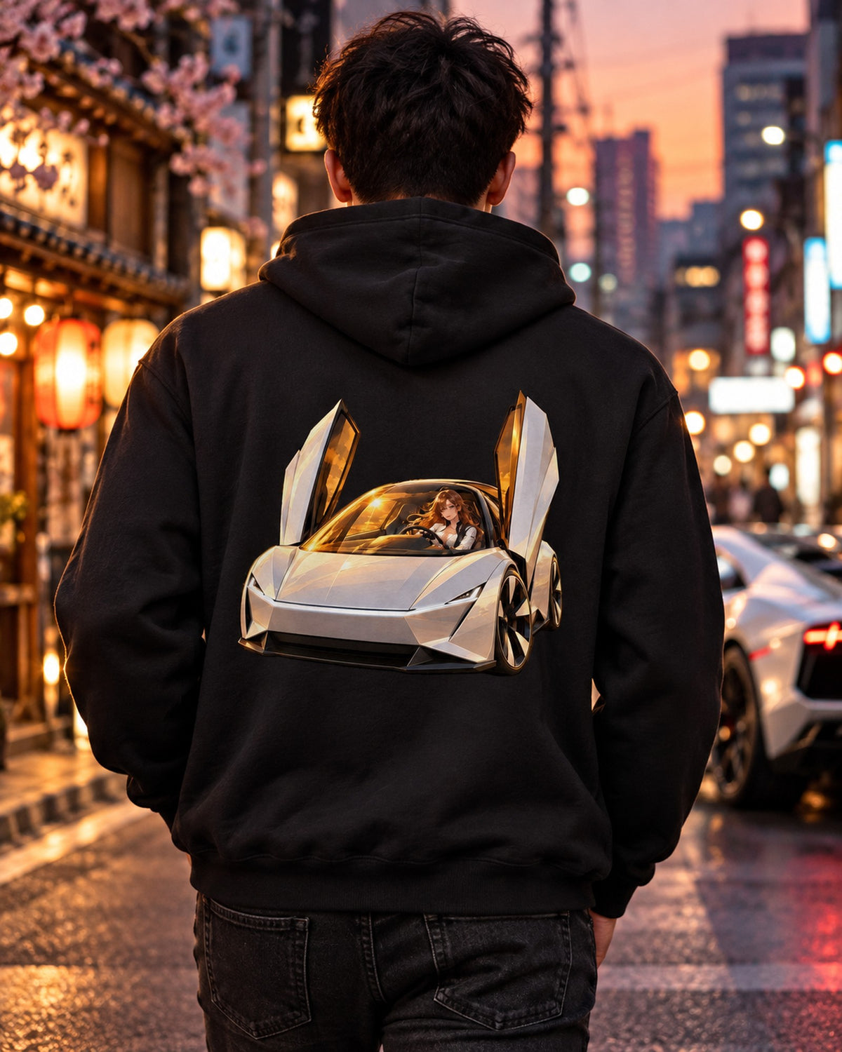 Tesla Roadster Golden Hour Anime Girl Shirt, Hoodie & More Pull Over Hoodie Black worn hero
