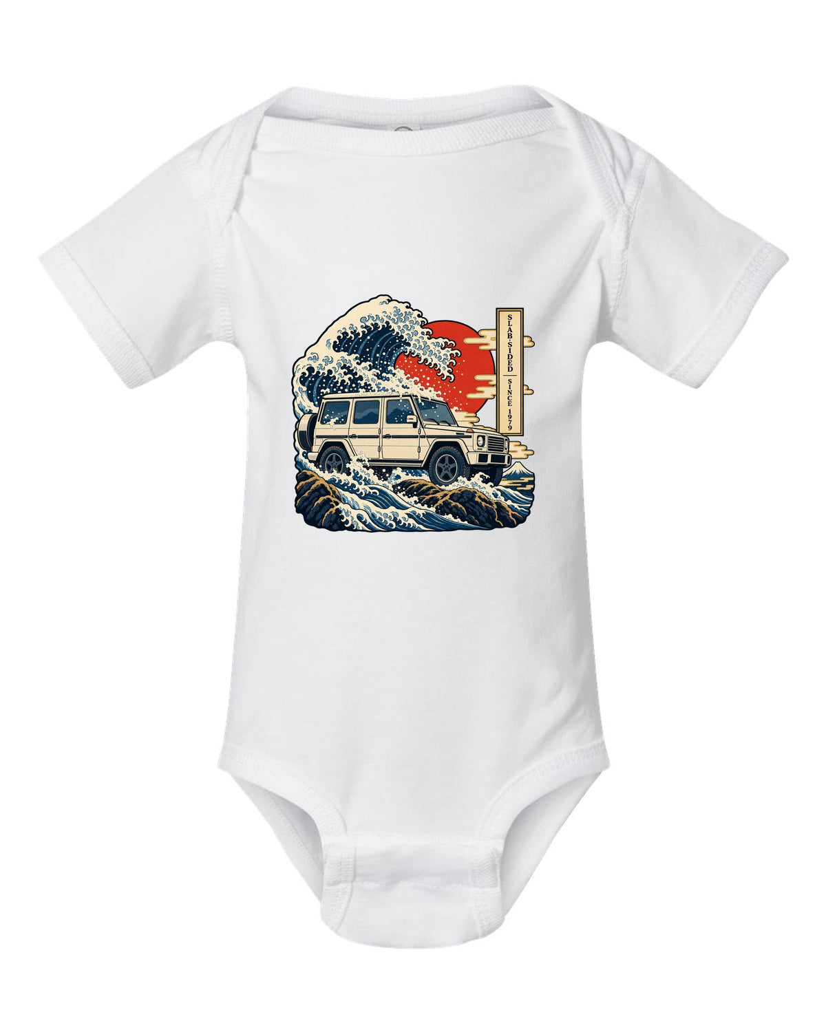Bold crest graphic reading 577 HP and 2.5 Tonnes for the Mercedes G63 W464, print white baby onesie front view with the design