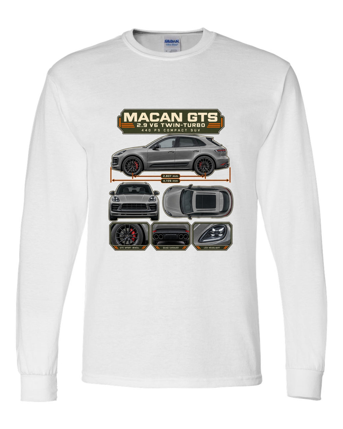 Porsche Macan GTS 95B Dossier Tee, 2.9 V6 Twin-Turbo white long sleeve front view with the design