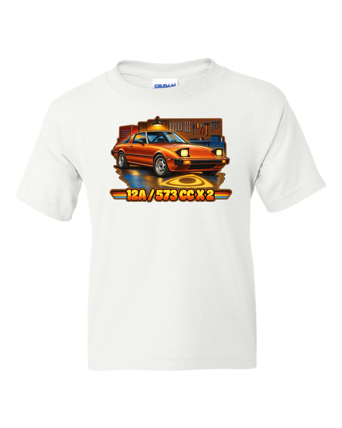 Seventies airbrush poster print of a Mazda RX-7 SA22C with the text 12A, 573 cc x 2 white kids tee front view with the design