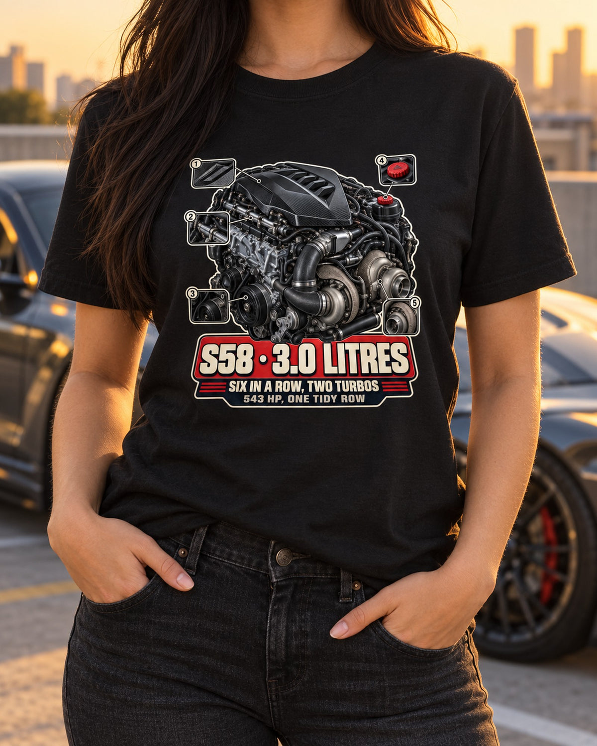 BMW M4 CSL G82 S58 Engine Bay Shirt, Six in a Row T-Shirt Black worn hero