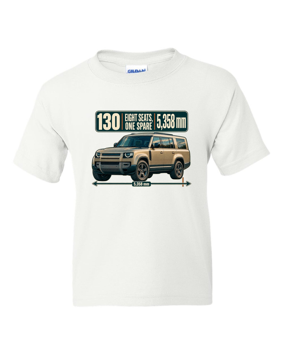 Editorial headline print for the Land Rover Defender 130 L663 with eight seats and length white kids tee front view with the design