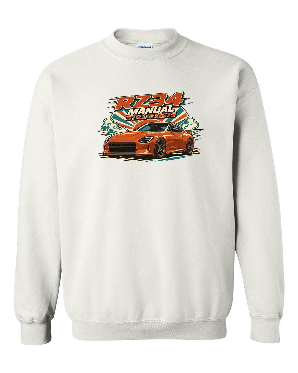 1970s Showa catalogue ad style print of the Nissan Z RZ34 white crewneck front view with the design