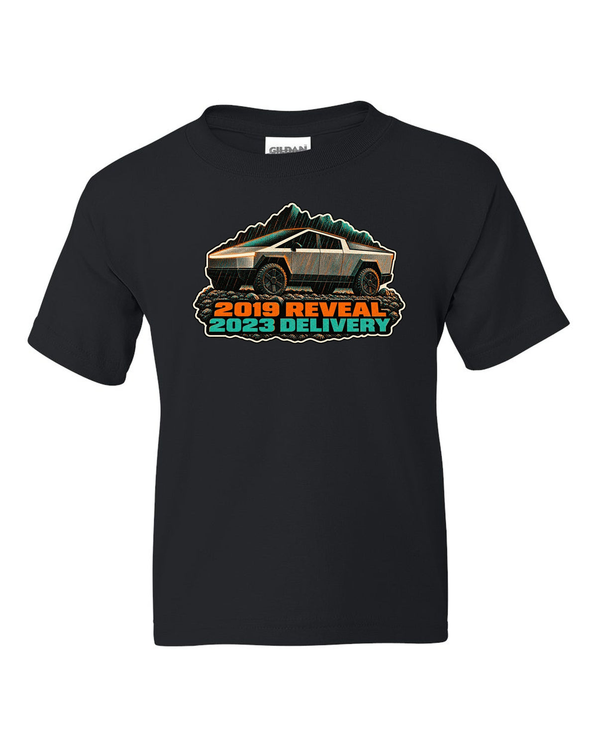 Risograph two-colour print of a 2023 Tesla Cybertruck in gravel and rain with 2019 Reveal 2023 Delivery lettering black kids tee front view with the design