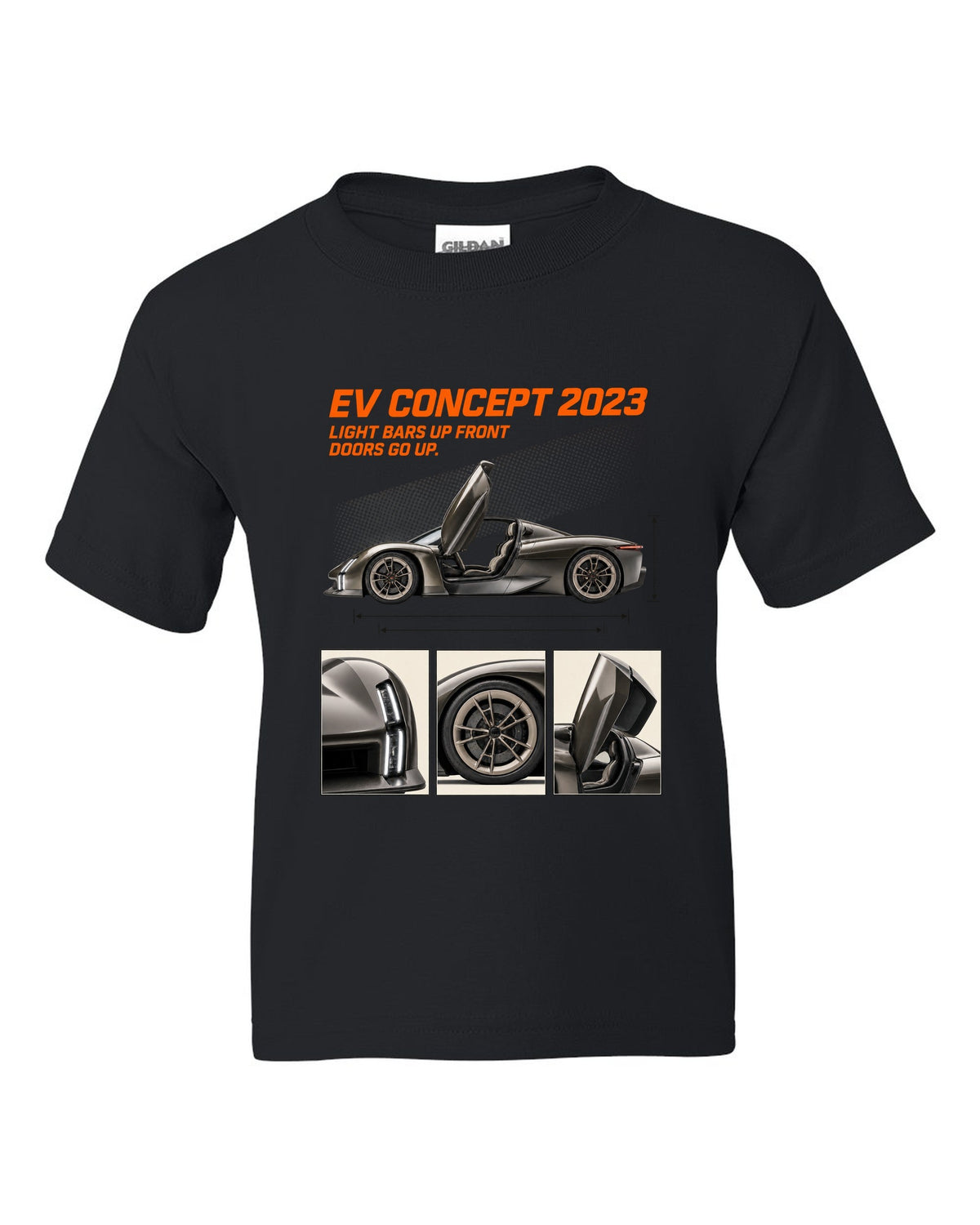 Porsche Mission X electric concept dossier panels print design black kids tee front view with the design