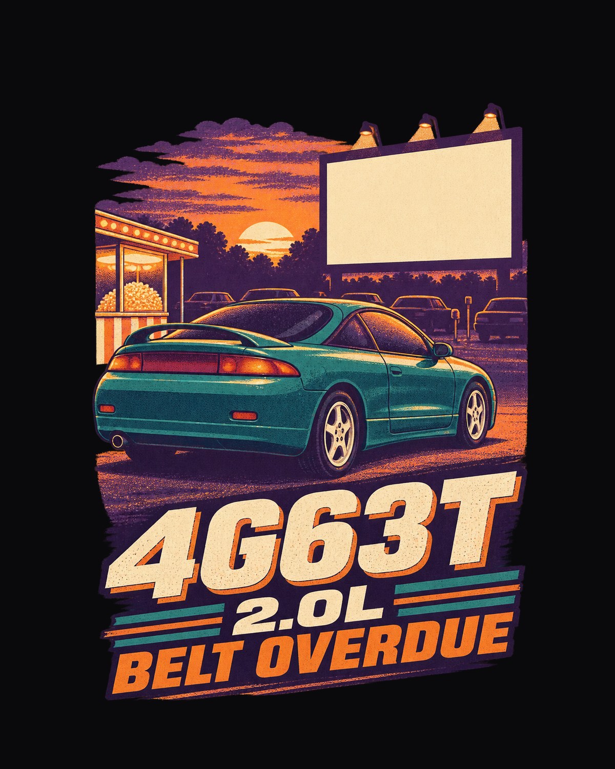 Mitsubishi Eclipse 2G 4G63T Belt Overdue Vintage Race Poster Shirt design only