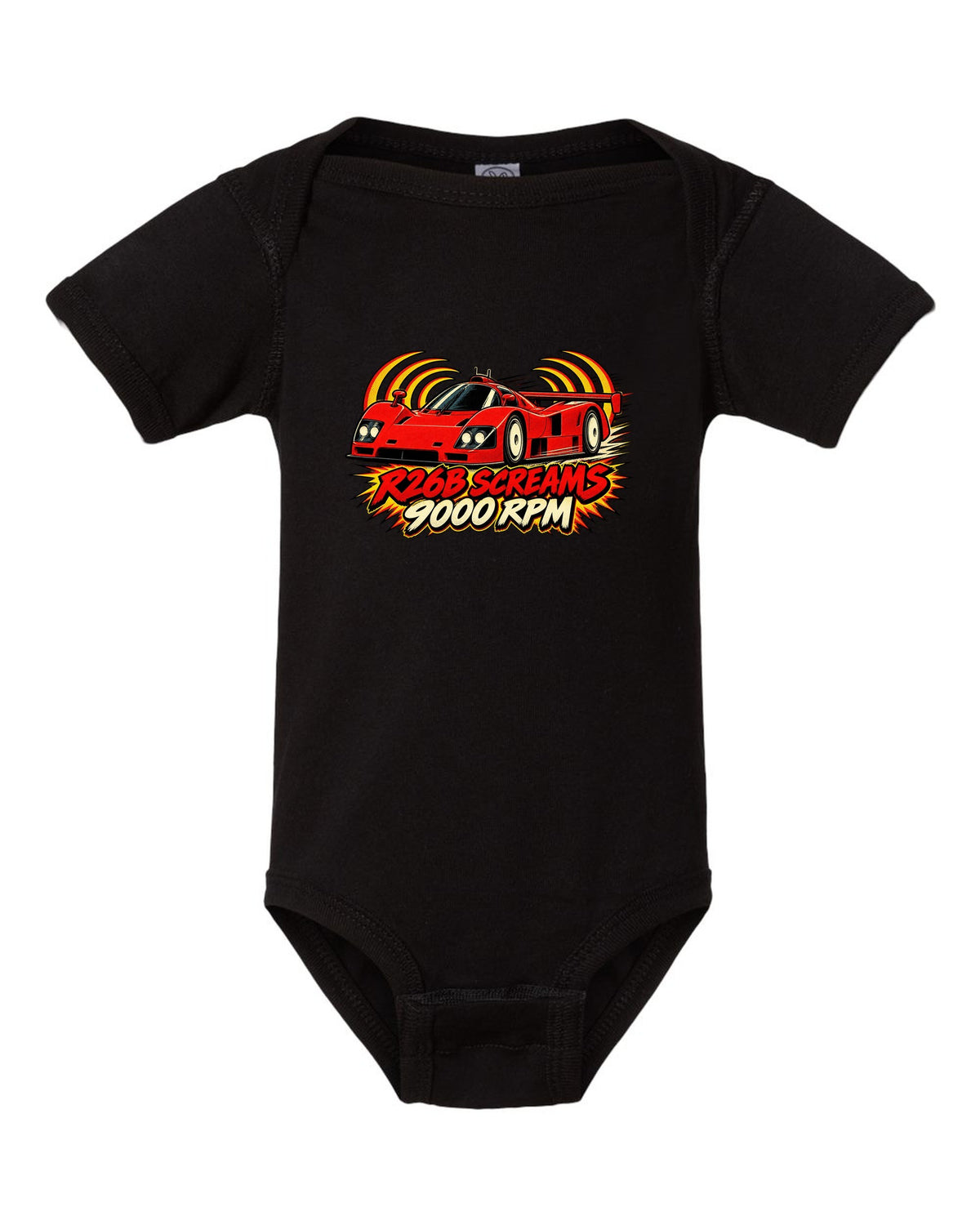 Embroidery-style varsity crest for the Mazda 787B with 787B / 2.6 L / 4 ROTOR lettering black baby onesie front view with the design