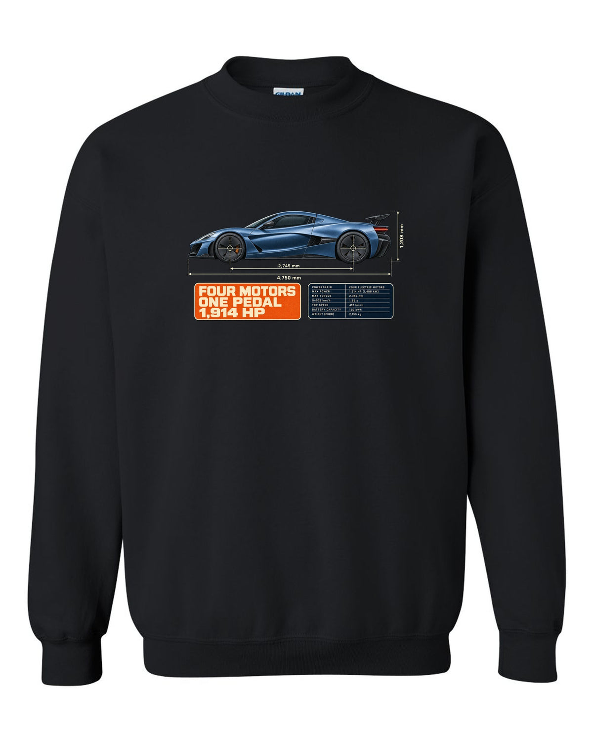 Rimac Nevera 2021 dimension blueprint print with four motors one pedal 1,914 hp text black crewneck front view with the design