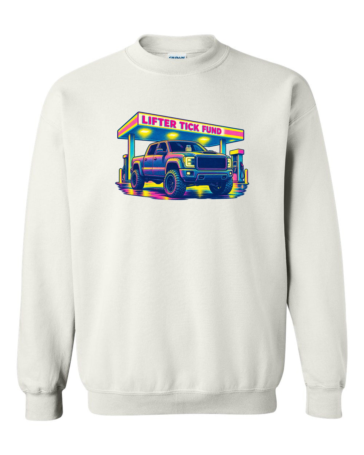 Risograph print of a 2007-2013 Chevrolet Silverado GMT900 with Lifter Tick Fund text white crewneck front view with the design