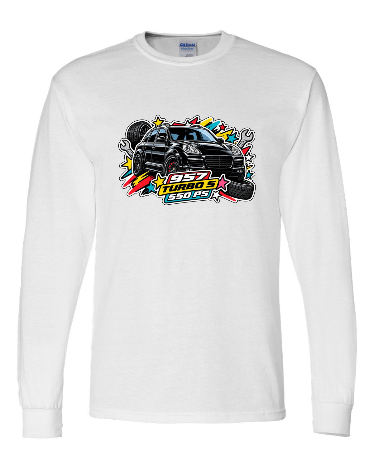 Porsche 991 R patent line art coupe design with 6-speed and 991 built text white long sleeve front view with the design