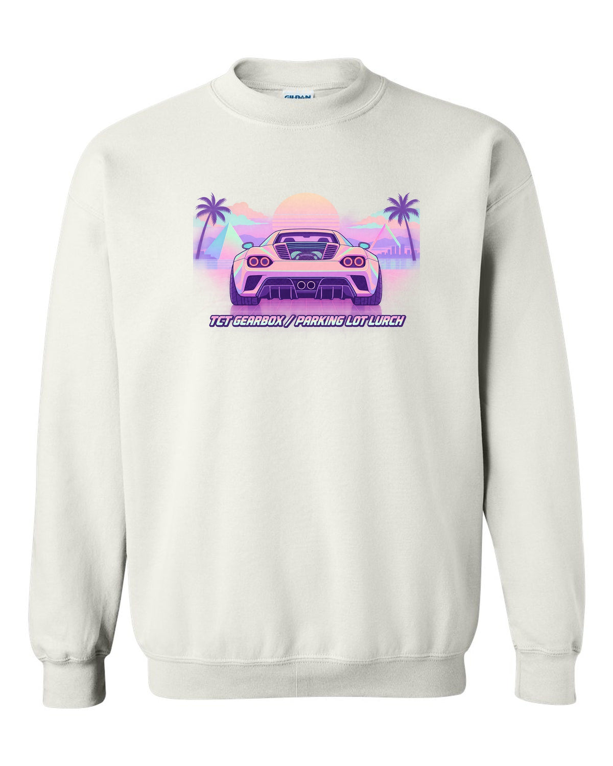 Vaporwave pastel illustration of an Alfa Romeo 4C with TCT gearbox parking lot lurch text white crewneck front view with the design