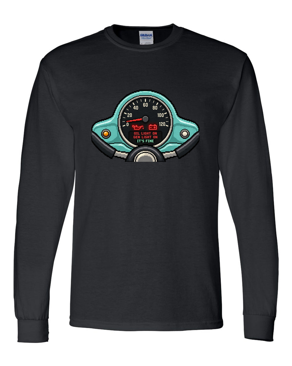Pixel LED segmented display print of a VW Beetle Type 1 dashboard with warning light lettering black long sleeve front view with the design
