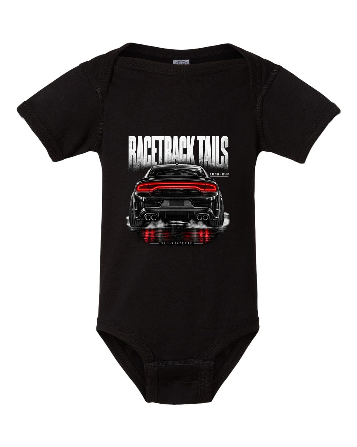 Taillight macro print of a 2016 Dodge Charger Scat Pack LX/LD with 6.4L 392 and 485 HP text black baby onesie front view with the design