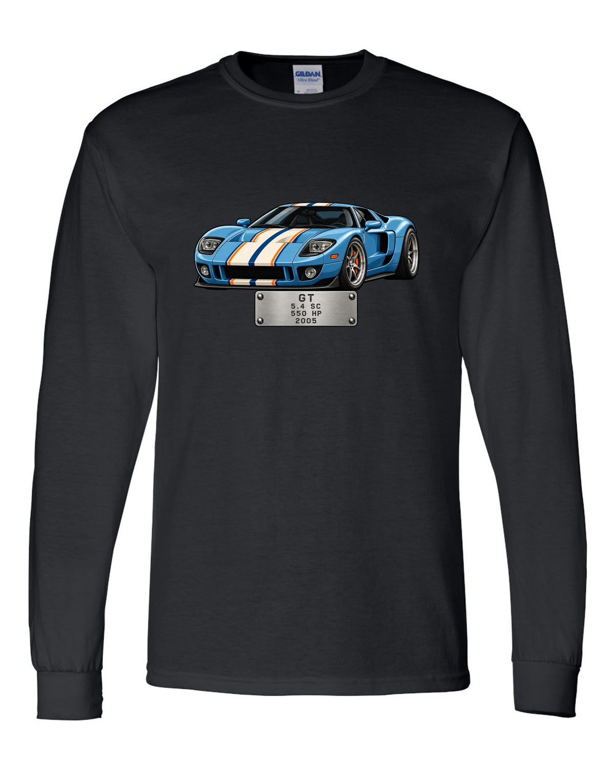 Spec-sheet data plate print for the 2005 Ford GT showing 5.4 SC, 550 HP black long sleeve front view with the design