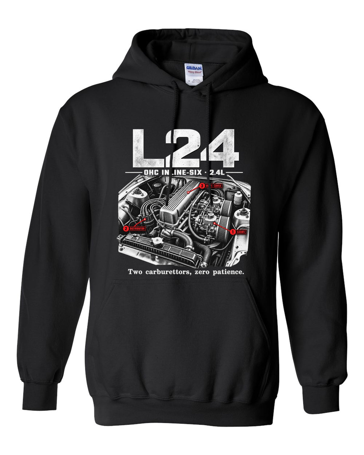 Engine bay print of a Datsun 240Z S30 L24 inline-six with carburettors black pull over hoodie front view with the design