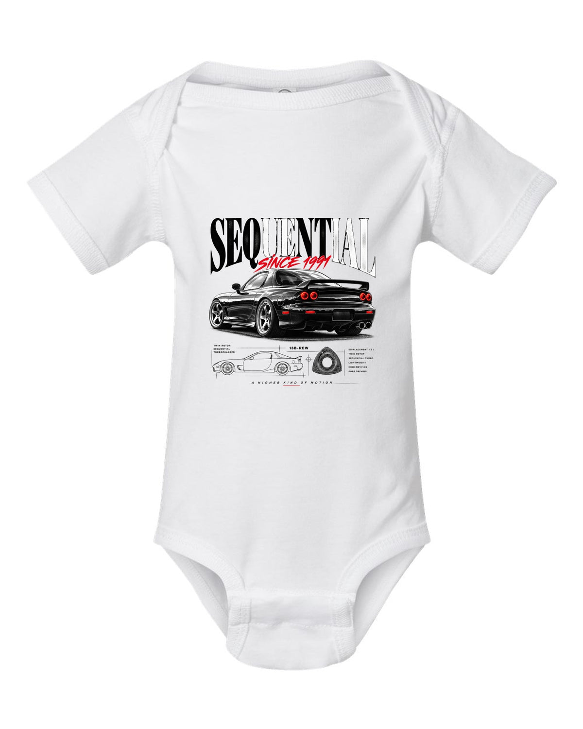 Editorial print of a Mazda RX-7 FD3S rear three-quarter with sequential headline white baby onesie front view with the design